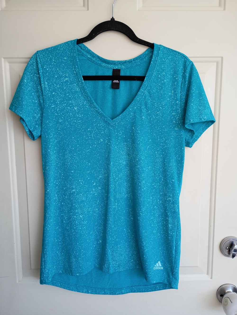 Adidas Women’s Fleck Print Teal Deep V-Neck Active Gym Running Yoga Top Size Med